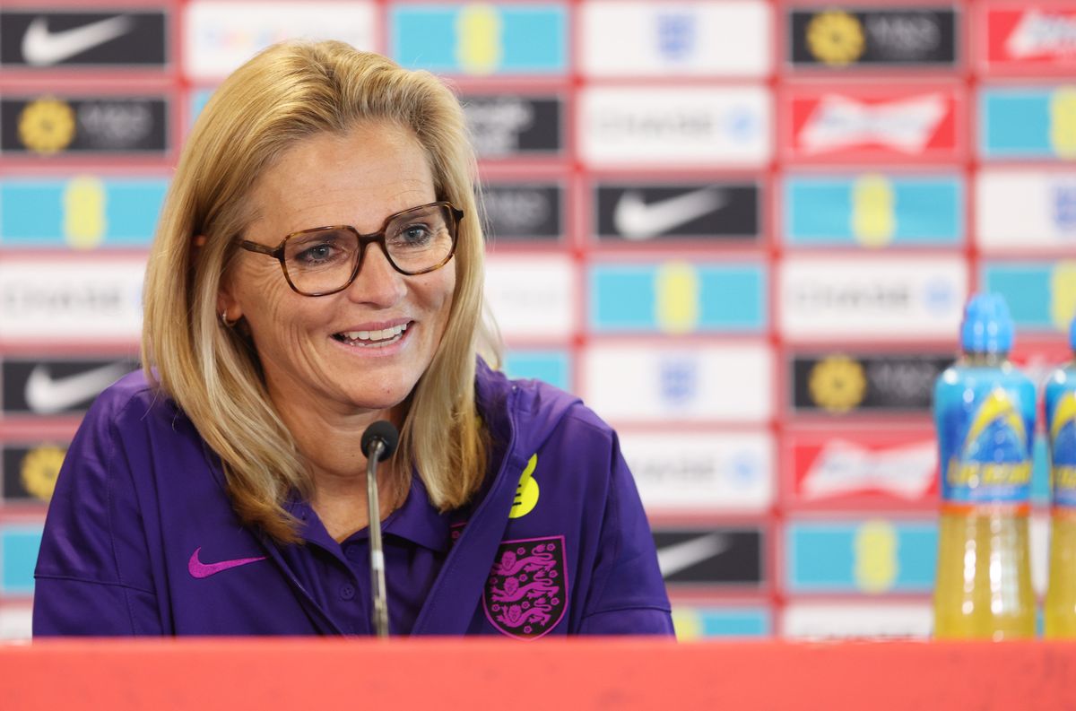 England women’s manager Sarina Wiegman at a press conference