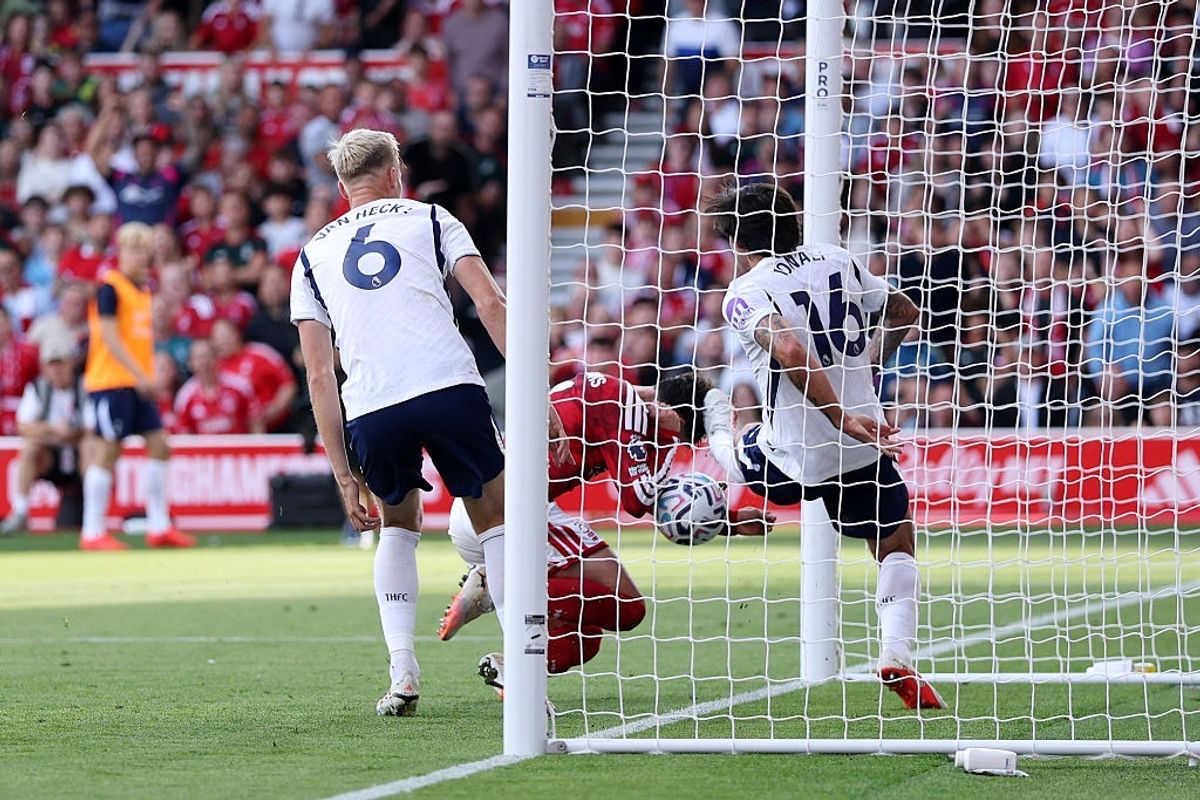 Close-up still image of Nottingham Forest incident under VAR scrutiny
