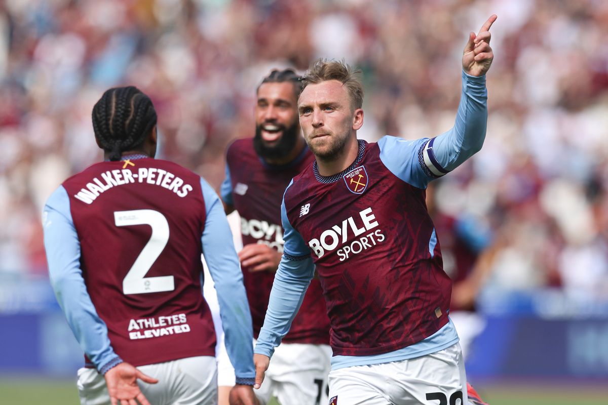West Ham United players celebrating a goal against Portsmouth in the Carabao Cup