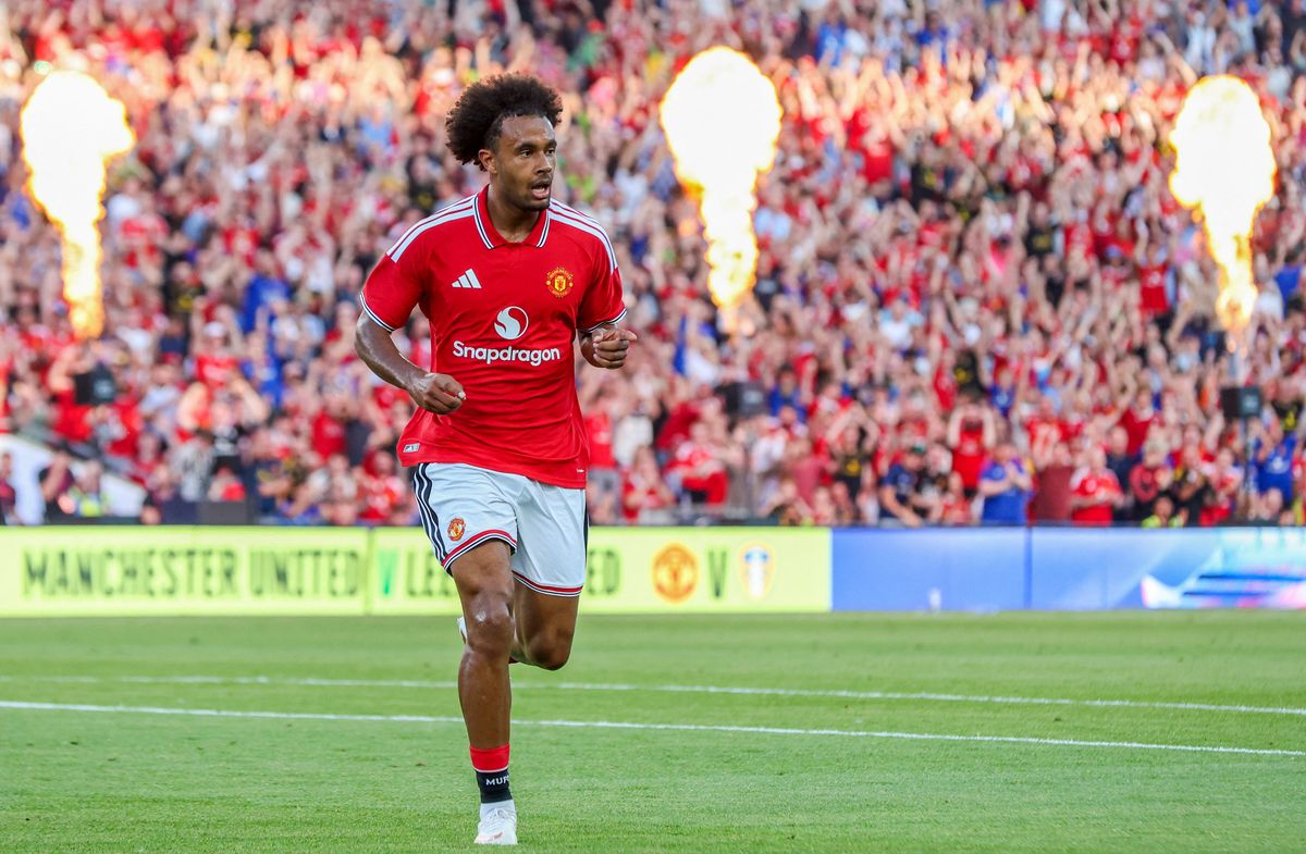 Manchester United and Leeds players contest possession during the match at Croke Park