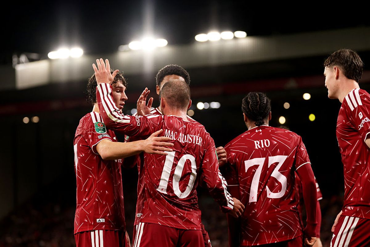 Liverpool players celebrate after scoring against Tottenham in the Carabao Cup